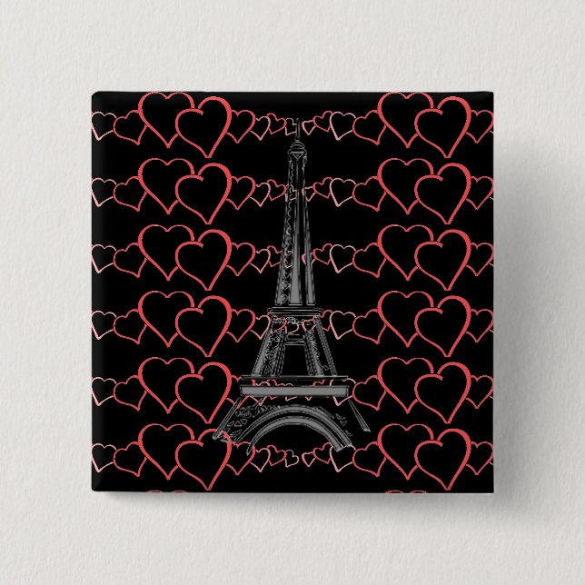 Love Paris Eiffel Tower & Hearts Button (Front)