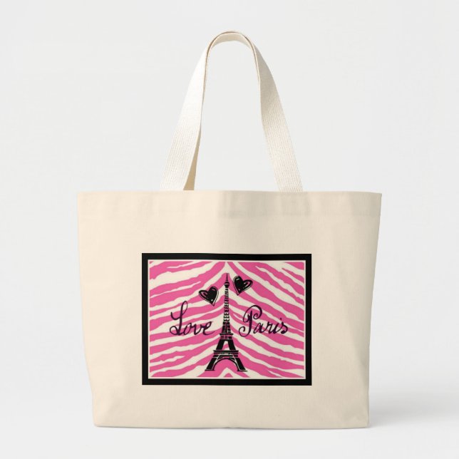 LOVE PARIS PINK ZEBRA EIFFEL TOWER HEART PRINT LARGE TOTE BAG (Front)