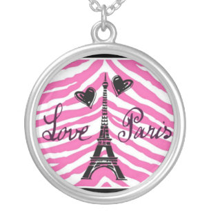 LOVE PARIS PINK ZEBRA EIFFEL TOWER HEART PRINT SILVER PLATED NECKLACE