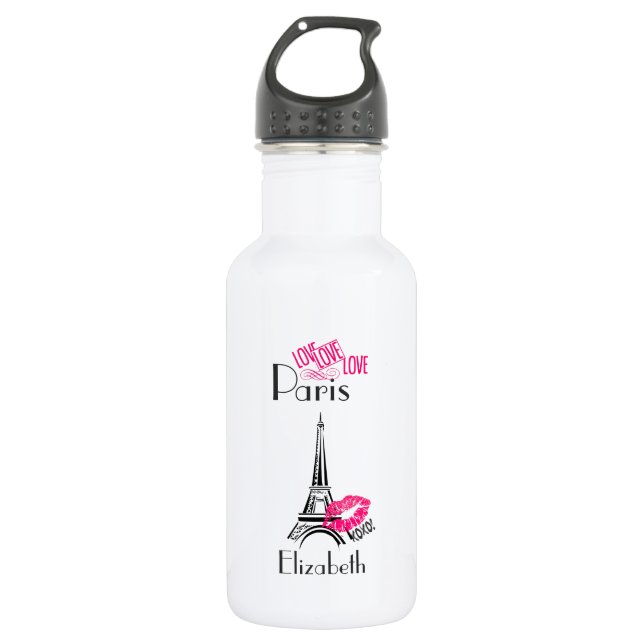 Love Paris with Eiffel Tower and Lipstick Lips Water Bottle (Front)