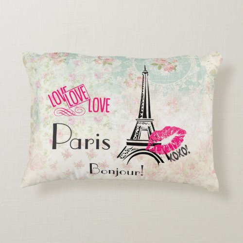 Love Paris with Eiffel Tower on Vintage Pattern Accent Pillow