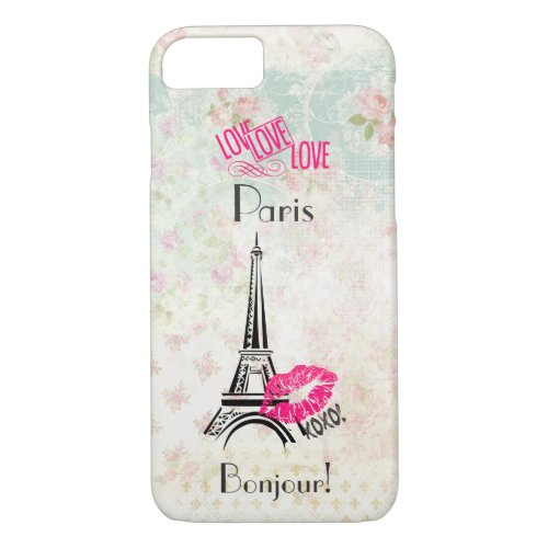 Love Paris with Eiffel Tower on Vintage Pattern iPhone 87 Case