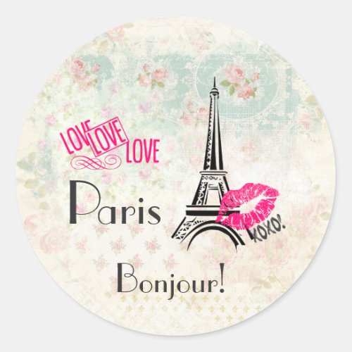 Love Paris with Eiffel Tower on Vintage Pattern Classic Round Sticker