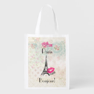 Love Paris with Eiffel Tower on Vintage Pattern Grocery Bag