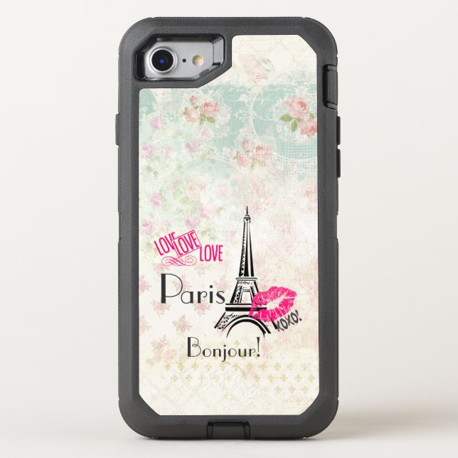 Love Paris with Eiffel Tower on Vintage Pattern Otterbox iPhone Case (Back)