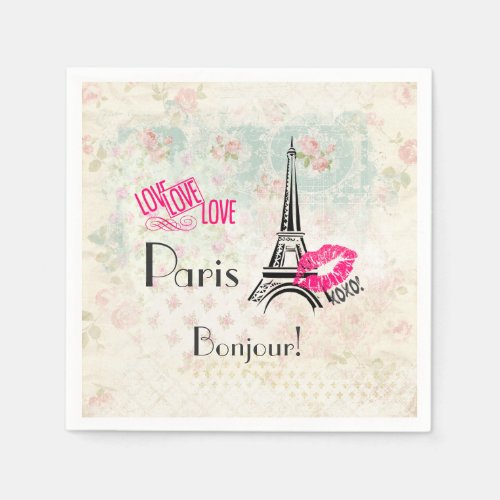 Love Paris with Eiffel Tower on Vintage Pattern Paper Napkins