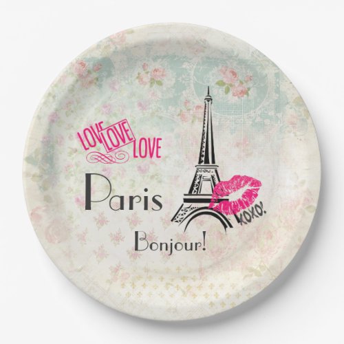 Love Paris with Eiffel Tower on Vintage Pattern Paper Plates