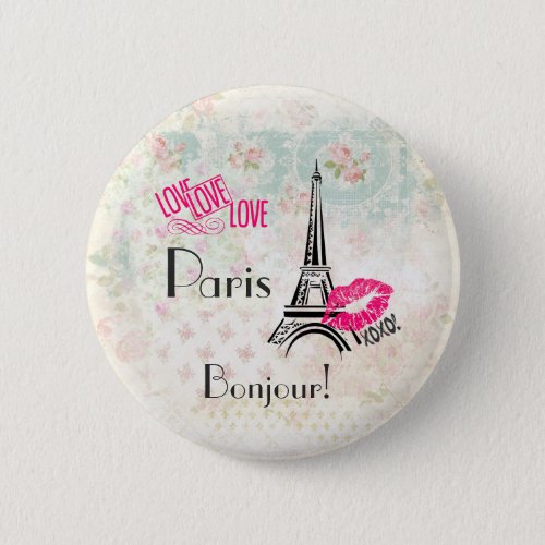 Love Paris with Eiffel Tower on Vintage Pattern Pinback Button