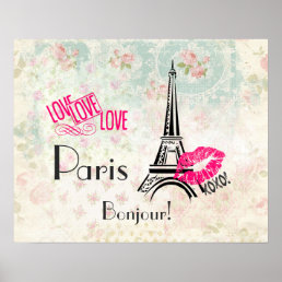Love Paris with Eiffel Tower on Vintage Pattern Poster