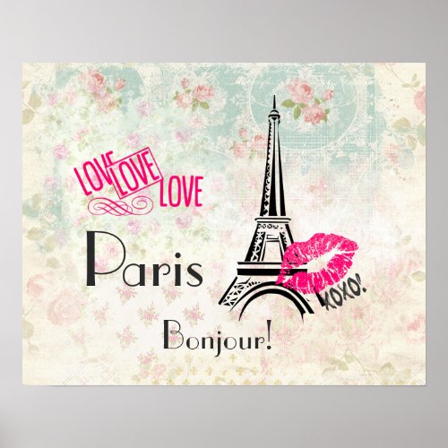 Love Paris with Eiffel Tower on Vintage Pattern Poster