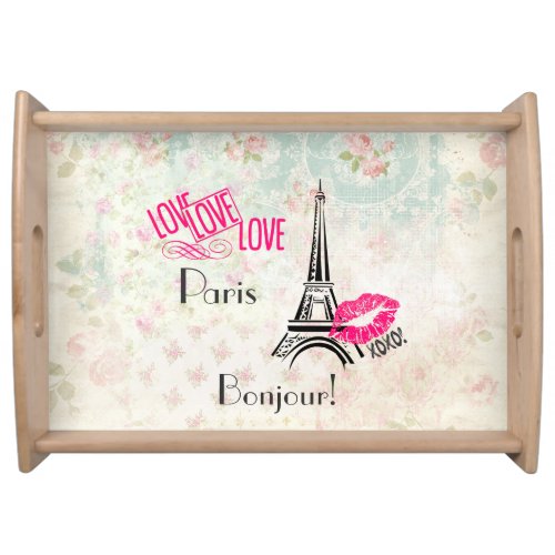 Love Paris with Eiffel Tower on Vintage Pattern Serving Tray