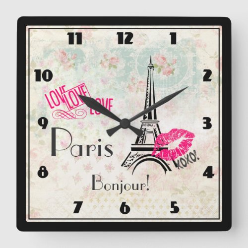 Love Paris with Eiffel Tower on Vintage Pattern Square Wall Clock