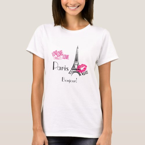 Love Paris with Eiffel Tower on Vintage Pattern T_Shirt