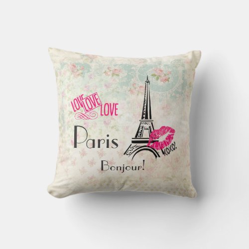 Love Paris with Eiffel Tower on Vintage Pattern Throw Pillow