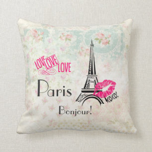 Love Paris with Eiffel Tower on Vintage Pattern Throw Pillow