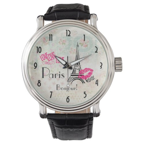 Love Paris with Eiffel Tower on Vintage Pattern Watch