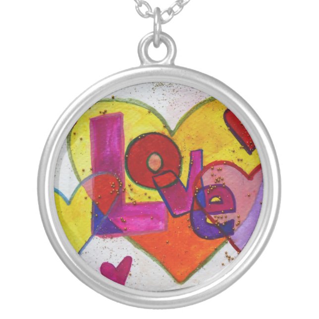 Love Patchwork Hearts Glitter Painting Necklace (Front)