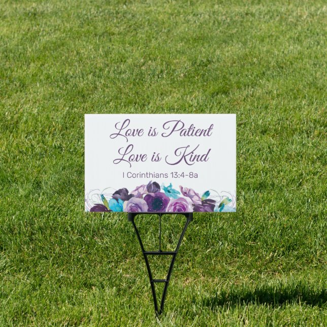 Love Patient Kind Purple Blue Floral Wedding Sign (Insitu)