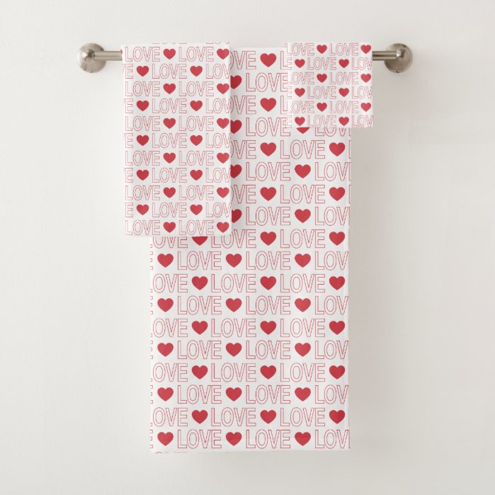 Love Pattern Bath Towel Set - Red Outline