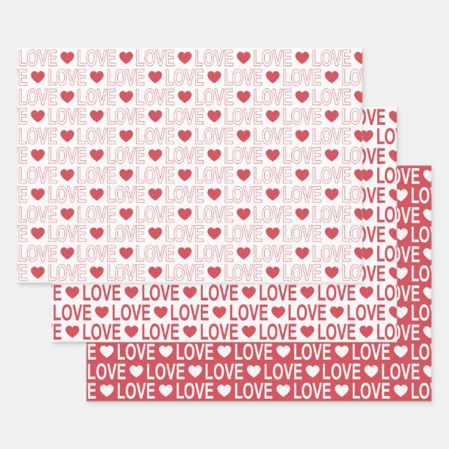 Love Pattern in Red and White Wrapping Paper Sheets (Set)