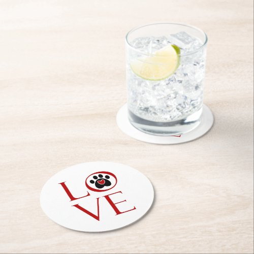 Love Paw Print and Heart Round Paper Coaster