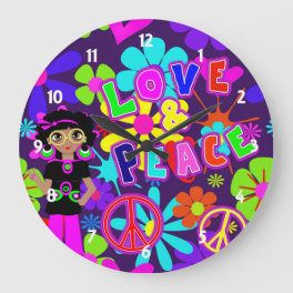 Love & Peace 60'S Hippie Flower Power Groovy Large Clock