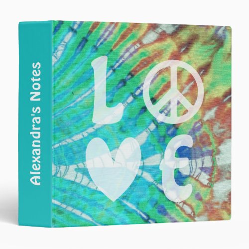 Love Peace Abstract Boho Teal Batik Tie Dye Name 3 Ring Binder