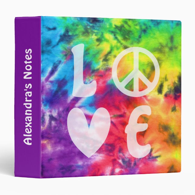 Love Peace Abstract Bright Rainbow Batik Name 3 Ring Binder (Front/Spine)