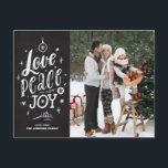 Love Peace and Joy Chalkboard Christmas Photo Holiday Postcard<br><div class="desc">Love,  Peace and Joy. Send holiday wishes to your family and friends with this customizable holiday postcard. It features rustic hand lettering and a faux chalkboard background. This chalkboard Christmas postcard is available in other card styles.</div>