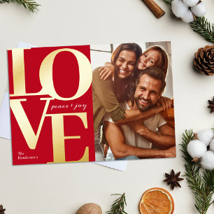Love, Peace and Joy Christmas Red Family Photo Foil Holiday Card