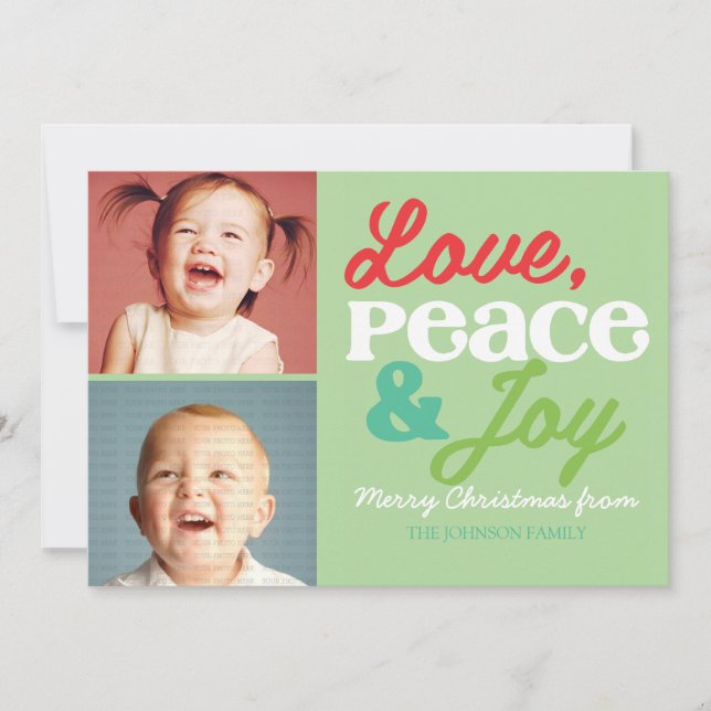Love, Peace and Joy Family Colorful Photo Card (Front)
