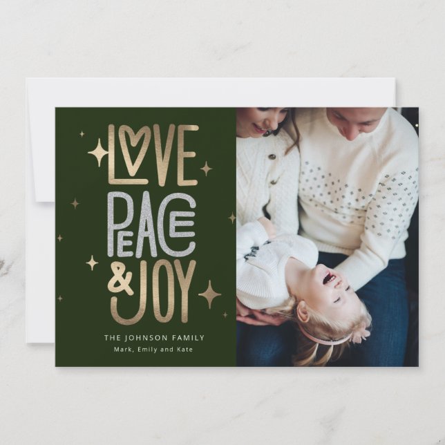 Love Peace and Joy Gold and Silver Holiday Card (Front)