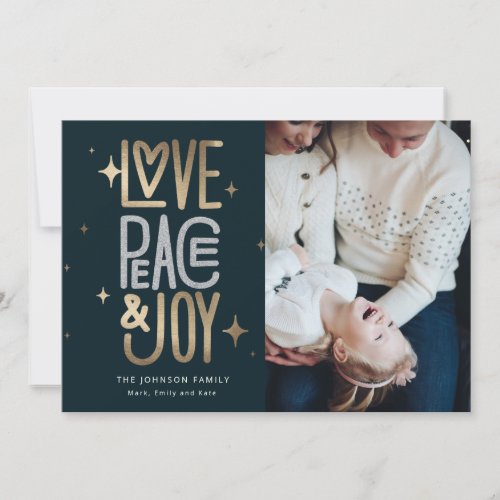 Love Peace and Joy Gold and Silver Holiday Card