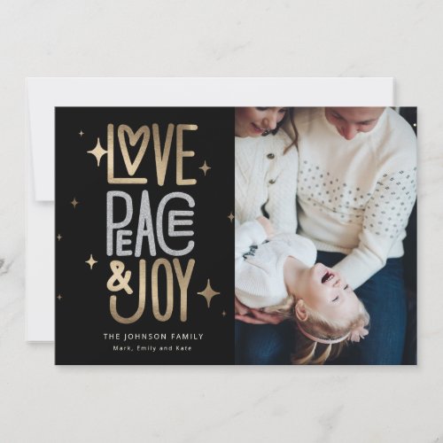 Love Peace and Joy Gold and Silver Holiday Card