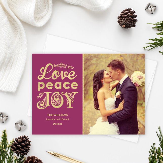 Love Peace and Joy Gold Damask Photo Holiday Card (Creator Uploaded)