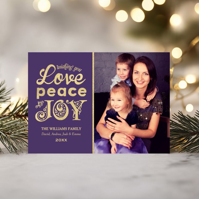 Love Peace and Joy Gold Damask Photo Holiday Card (Creator Uploaded)