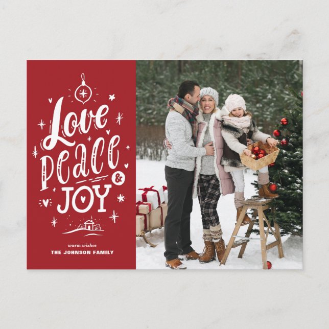 Love Peace and Joy Lettering Red Photo Christmas Holiday Postcard (Front)