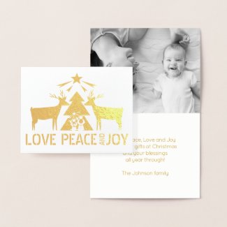 Love, Peace and Joy Nativity and deer Christmas Foil Card