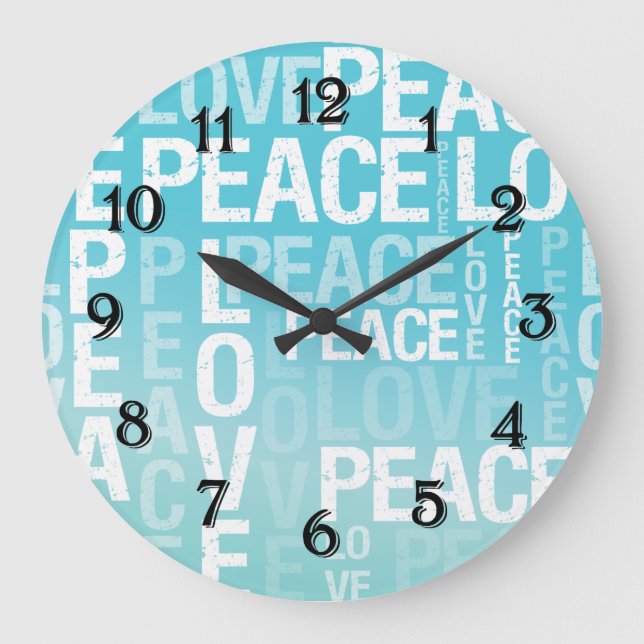 Love Peace Blue Aqua Ombre Large Clock (Front)