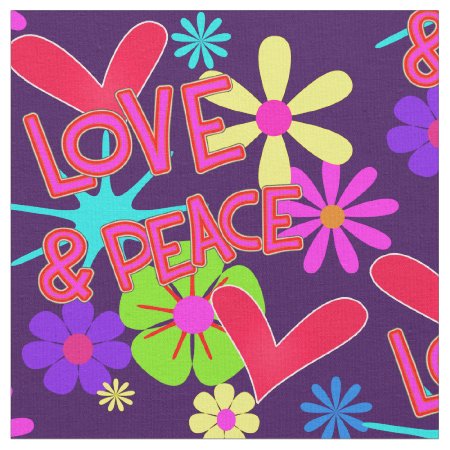 Love & Peace Colorful Flower Power Retro Style Fabric