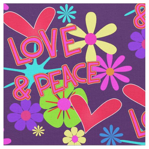 Love  Peace Colorful Flower Power Retro Style Fabric
