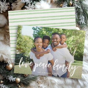 Love Peace Family Modern Brush Script Photo Holiday Card