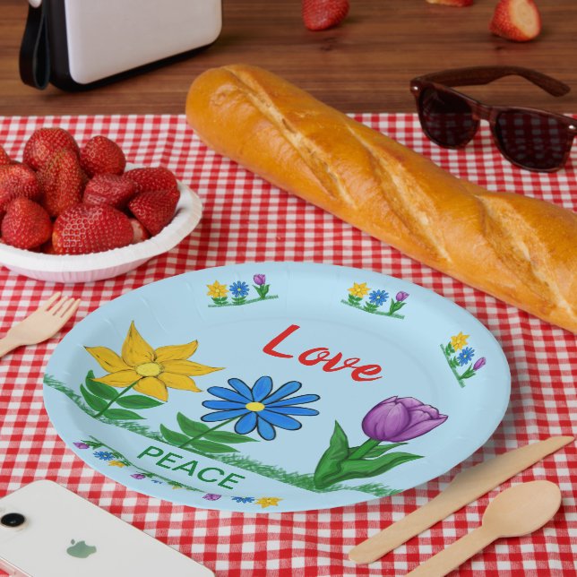 Love Peace Garden Flowers White  Paper Plates (Picnic)