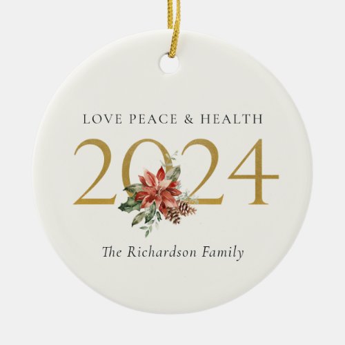 Love Peace Health Poinsettia Bunch Foil Gold 2024 Ceramic Ornament