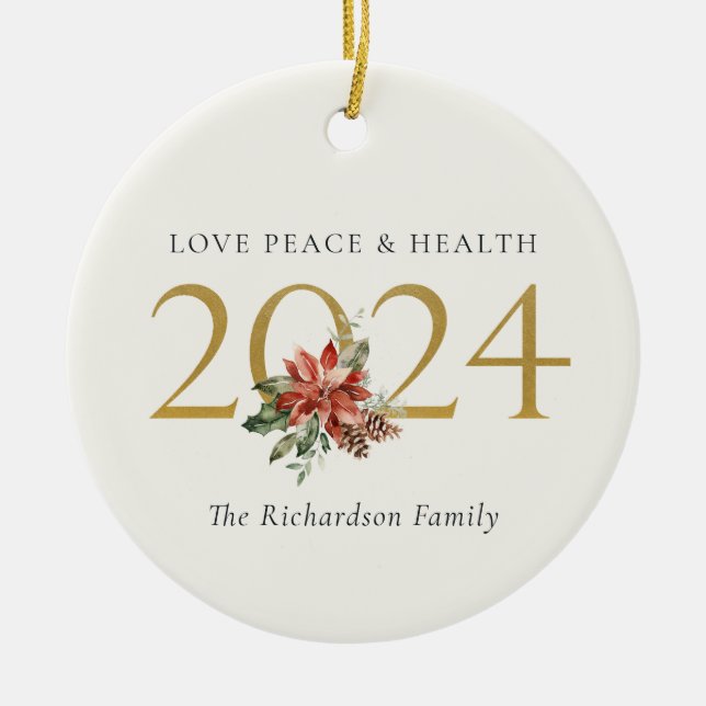 Love Peace Health Poinsettia Bunch Foil Gold 2024 Ceramic Ornament (Front)