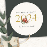 Love Peace Health Poinsettia Bunch Foil Gold 2024  Classic Round Sticker<br><div class="desc">If you need any further customisation please feel free to message me on yellowfebstudio@gmail.com.</div>