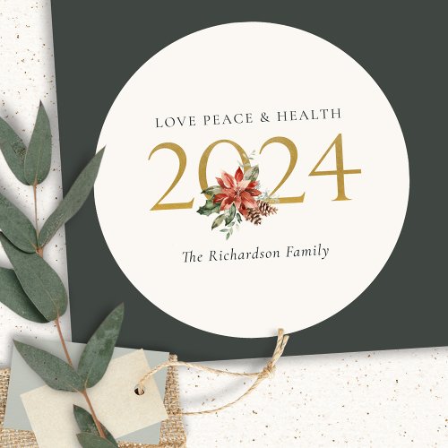 Love Peace Health Poinsettia Bunch Foil Gold 2024  Classic Round Sticker