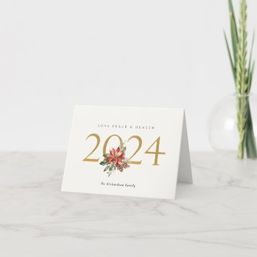 Love Peace Health Poinsettia Bunch Foil Gold 2024 Holiday Card