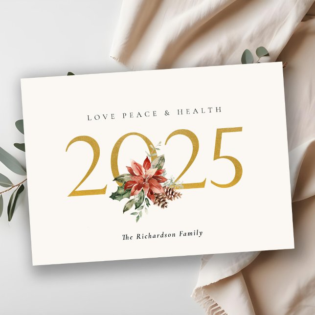 Love Peace Health Poinsettia Bunch Foil Gold 2025 Holiday Card (Creator Uploaded)