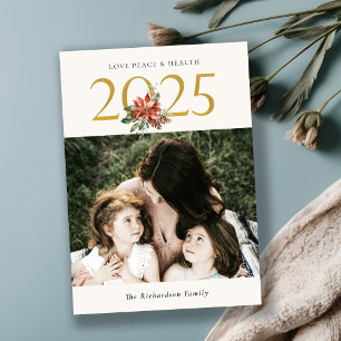 Love Peace Health Poinsettia Bunch Gold 2024 Photo Holiday Card